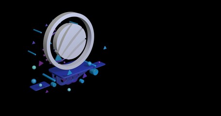 Fototapete - White sushi roll symbol on a pedestal of abstract geometric shapes floating in the air. Abstract concept art with flying shapes on the left. 3d illustration on black background