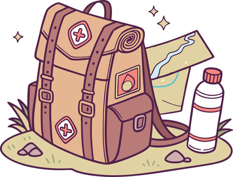 Cartoon Backpacking Adventure Still Life with Map, Water Bottle and Sparkles on an Outdoor Grassy Knoll, Perfect for Stickers and Illustrations