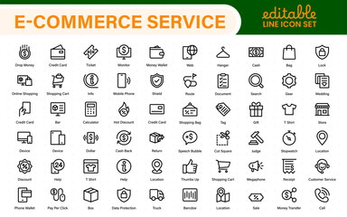 Poster - E-Commerce set of web icons in line style. Online shopping icons for web and mobile app. Business, mobile shop, digital marketing, bank card, gifts, sale, delivery. Vector illustration