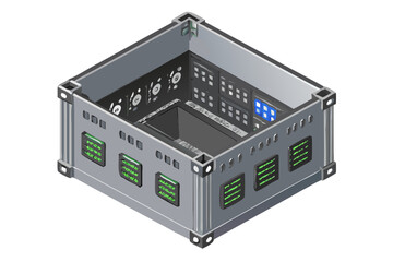 Poster - Futuristic isometric view of an empty server rack with glowing green data panels and blue screen