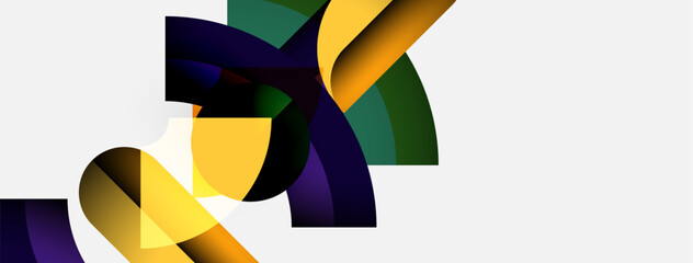 Poster - Abstract colorful shapes overlap, creating dynamic composition. Yellow, purple, green hues dominate white background. Modern design.