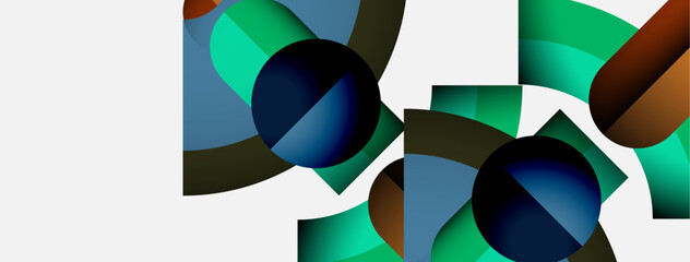 Leinwandbilder - Abstract geometric shapes overlap, creating vibrant color blocks. Composition features circles, curves, rectangles on white background. Modern design.