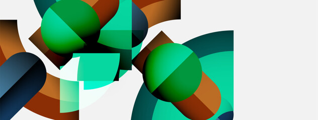 Aufkleber - Abstract geometric shapes overlap, creating vibrant color contrasts. Composition features circles, squares, teal, brown, navy hues. Minimalist design.