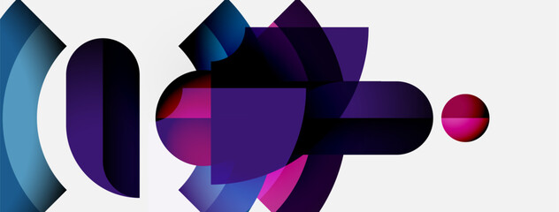 Poster - Abstract composition. Overlapping shapes, purple hues dominate, with blue accents. Minimalist design, modern aesthetic. Clean background.