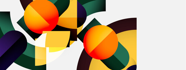 Poster - Abstract composition featuring orange spheres, geometric shapes, dark greens, yellows, purples. Minimalist design with clean lines, modern aesthetic.