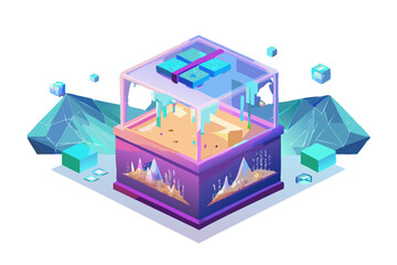 Poster - Futuristic isometric cube structure with ice and crystal elements in neon colors