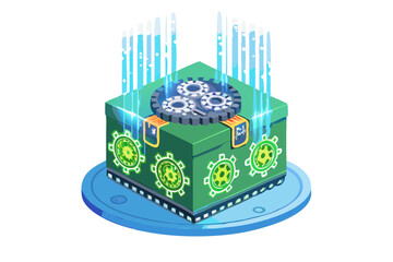 Poster - Futuristic green cube with spinning gears and glowing blue energy beams on a platform