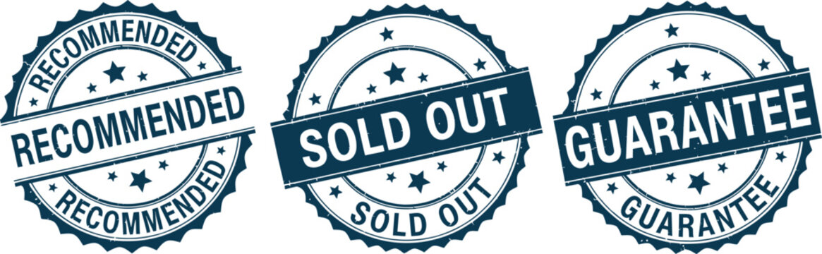 Three stamps showing recommended sold out and guarantee on white paper