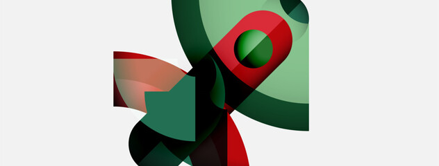 Poster - Abstract composition features overlapping shapes. Red, green hues dominate white background. Fluid forms create dynamic visual interest.