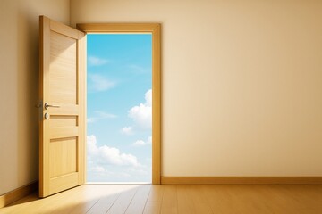 Poster - Open wooden door with bright blue sky and clouds, sunlight casting shadows on interior wooden floor, symbolizing opportunity and light.