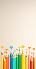 Poster - Colorful smiling pencils with heart symbols on light background, ideal for copyspace design, poster or advertising template concept.