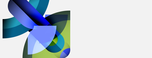 Poster - Abstract shapes overlap, creating vibrant blue, green hues. Minimalist design, clean background, modern aesthetic. Fluid forms suggest movement.