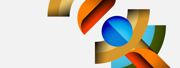 Poster - Abstract design features colorful ribbons, sphere. Modern composition uses gradients, curves, dynamic shapes. Clean background enhances visual impact.