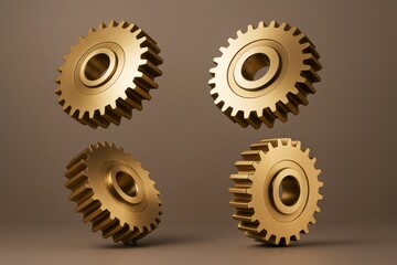 Poster - Four golden metal gears floating in minimal space with soft light and clean background, showcasing a creative industrial concept in graphic style.