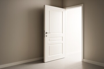 Poster - White door slightly open with bright light shining through in a minimal modern interior, symbolizing opportunity and new beginnings.
