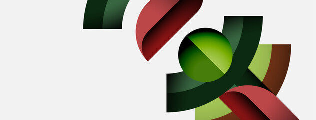 Poster - Abstract design features overlapping ribbons, green sphere. Modern composition uses red, dark hues, white background. Minimalist style.