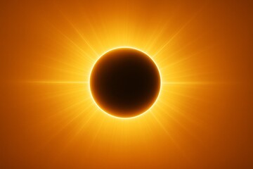 Poster - Glowing solar eclipse with radiant light burst on orange background, digital abstract art concept of cosmic energy and celestial phenomena.