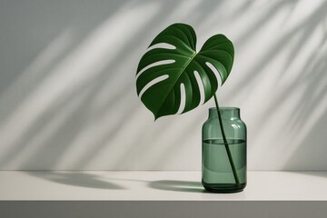 Poster - Monstera leaf in green glass vase on minimalist shelf with soft natural light and shadow play on white background wall. Ai generative.