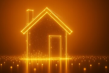 Aufkleber - Glowing digital house made of golden light lines and dots on futuristic abstract background, symbolizing smart home technology and innovation.