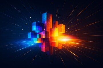 Aufkleber - Colorful glowing cubes exploding with light on dark background in digital futuristic abstract style, showing creative depth and energy burst.