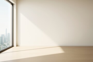 Aufkleber - Minimalist empty room with sunlight casting shadows on white wall and wooden floor, large window overlooking urban skyline, perfect for design mockup.