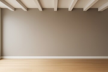 Poster - Empty modern interior with beige wall, white ceiling beams, and wooden floor in soft daylight for clean mockup or design presentation concept.