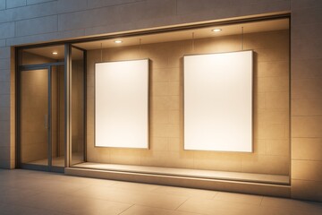 Aufkleber - Empty illuminated poster mockup on beige stone wall background for advertising and branding design concepts at storefront with warm lighting.