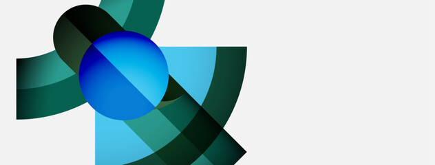 Poster - Abstract design features overlapping blue, green shapes. Minimalist composition with gradient effects. Clean, modern aesthetic. Simple, geometric forms dominate.