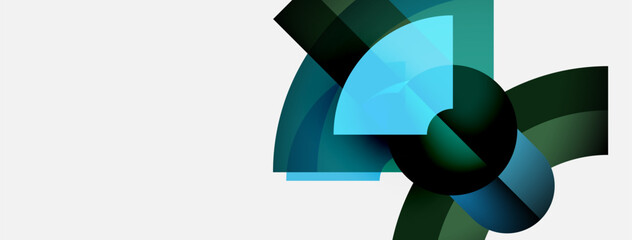 Poster - Abstract design features overlapping curved shapes, varying shades teal, dark green. Minimalist composition on white background.