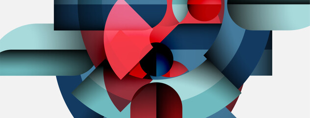 Poster - Abstract geometric composition. Red, blue, cyan shapes overlap creating dynamic visual effect. Minimalist design, modern aesthetic.