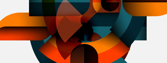 Poster - Abstract geometric shapes overlap, creating dynamic composition. Warm orange, cool teal, brown hues dominate design. Modern aesthetic.