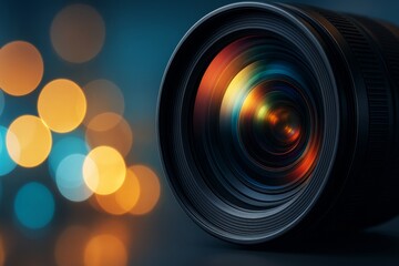 Poster - Close-up of a camera lens with colorful light reflections and bokeh background in a modern abstract photography hobby concept.