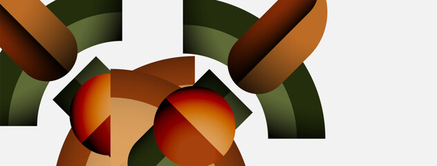 Poster - Abstract geometric shapes, warm colors dominate composition. Rounded forms intersect, creating dynamic visual interest. Minimalist design.