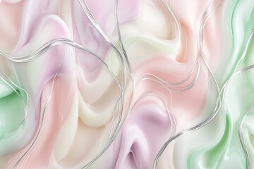 Poster - A gentle pastel-themed close-up of marble ink in light pink mint green and lavender hues intertwined with fine silver lines