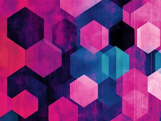 Poster - A geometric design with vibrant hexagons in shades of hot pink magenta and electric blue filled with dynamic angles