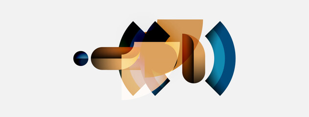 Poster - Abstract shapes overlap, creating dynamic composition. Warm tones blend with cool blues, suggesting movement, depth. Minimalist design.