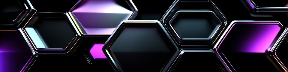 Poster - A glossy futuristic hexagonal design in shades of black silver and neon purple with reflective surfaces and a high-tech appearance