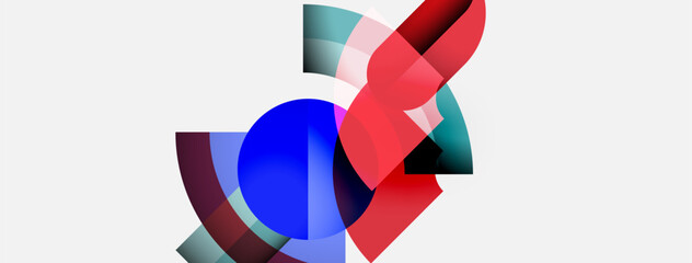 Poster - Abstract composition features overlapping colorful shapes. Blue, red, teal elements create dynamic visual interest. Minimalist design, clean background.