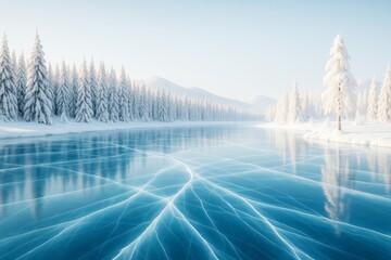 Poster - Frozen lake with cracked ice surface surrounded by snowy pine forest and mountains under soft morning light in winter landscape concept background.