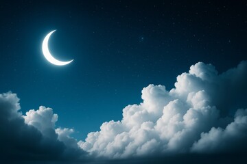 Poster - Crescent moon glowing in starry night sky above fluffy illuminated clouds in dreamlike atmospheric landscape background at nighttime.