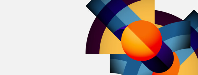 Poster - Abstract geometric shapes overlap. Colors include yellow, blue, purple. Modern design with clean lines, simple composition.