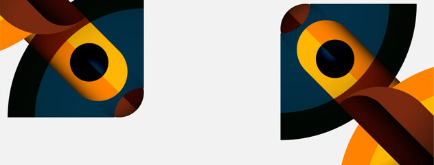 Poster - Abstract owl eyes, geometric shapes, warm colors dominate design. Minimalist style, clean lines, modern aesthetic.