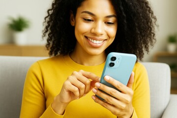 Poster - Smiling woman using smartphone at home in casual lifestyle setting with soft natural light and blurred interior background.