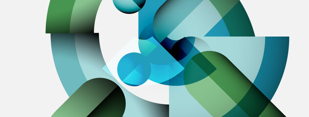 Poster - Abstract composition. Overlapping circles, rectangles create dynamic visual effect. Cool greens, blues dominate palette. Minimalist design.