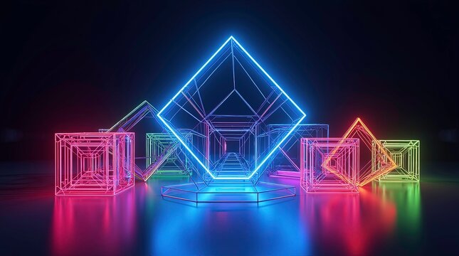 Neon Geometric Shapes with Reflection, 3D Rendering, Futuristic, Abstract, Cyberpunk, Neon Lights, Geometric Shapes