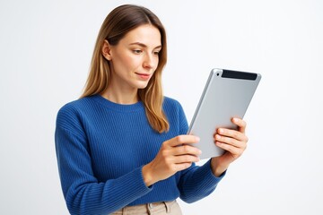 Poster - Woman using digital tablet in blue sweater on light background, focused and engaged with device in modern tech lifestyle concept. Ai generative.