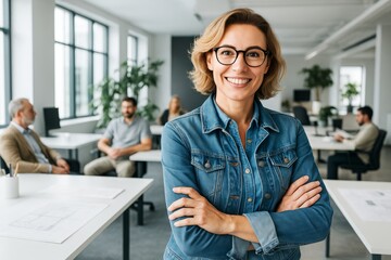 Aufkleber - Confident businesswoman smiling with arms crossed in modern office with people talking and working in the bright background.