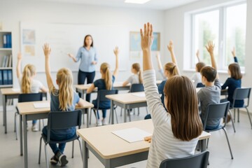 Aufkleber - Children raising hands in classroom while teacher stands at whiteboard during lesson in brightly lit modern school setting with educational background.