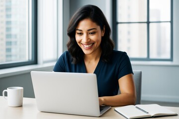Poster - Smiling woman working on laptop in modern office with natural light and city background, showing productivity and focus in professional environment.