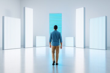 Aufkleber - Person walking toward glowing striped light panels in futuristic white room, viewed from behind, evoking innovation and decision-making concepts.